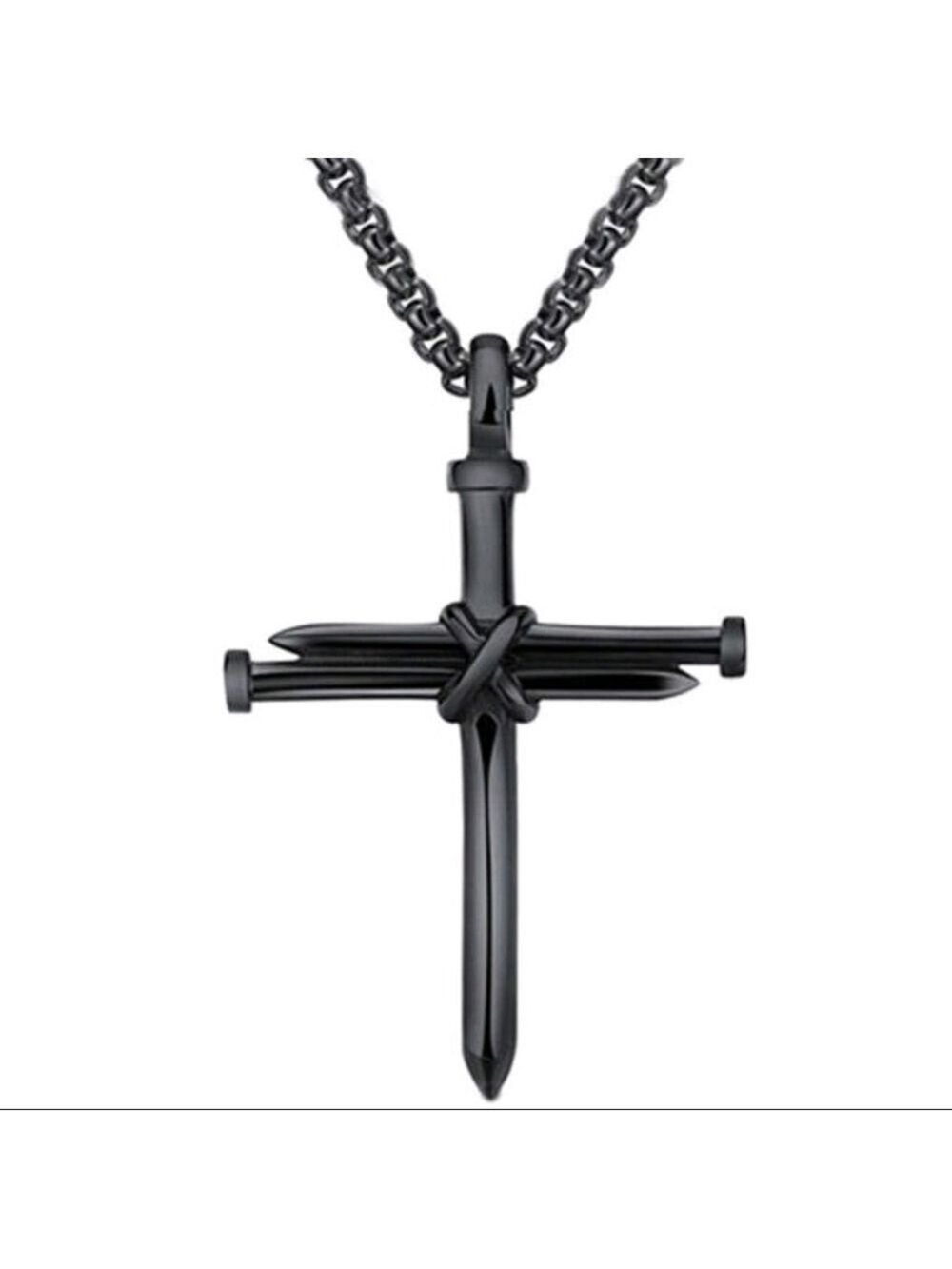Pendant--BLACK over Stainless Steel Nails & Rope Cross pendant necklace